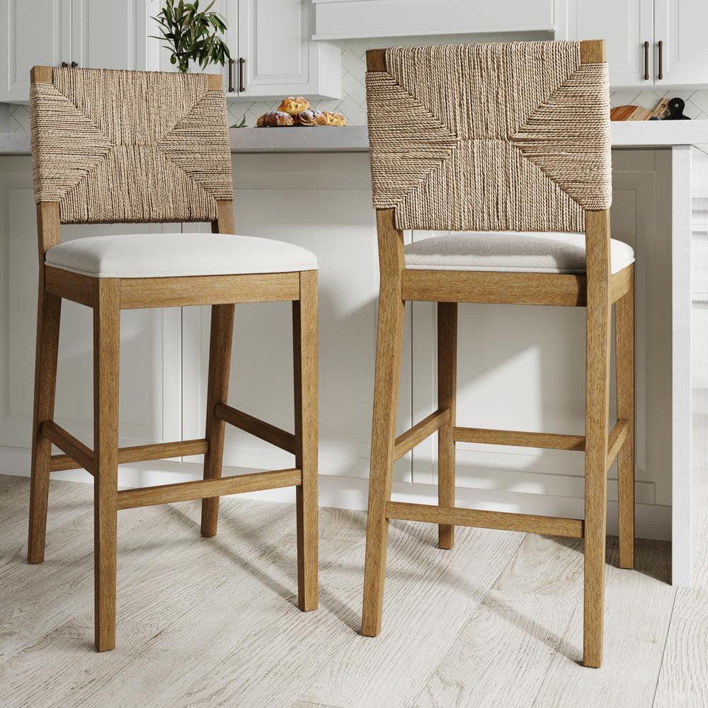 Nathan James Beacon Bohemian Boucle Bar Stool with Back, Bar Height Kitchen Island Chair, Seagrass Bar Stool, Cream Boucle/Brushed Light Brown, Set of 2