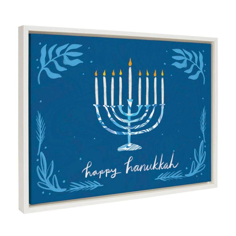 Kate and Laurel Sylvie Happy Hanukkah Framed Canvas Wall Art by Jessi Raulet of Ettavee, 18x24 White, Jewish Hanukkah Illustration Art for Wall