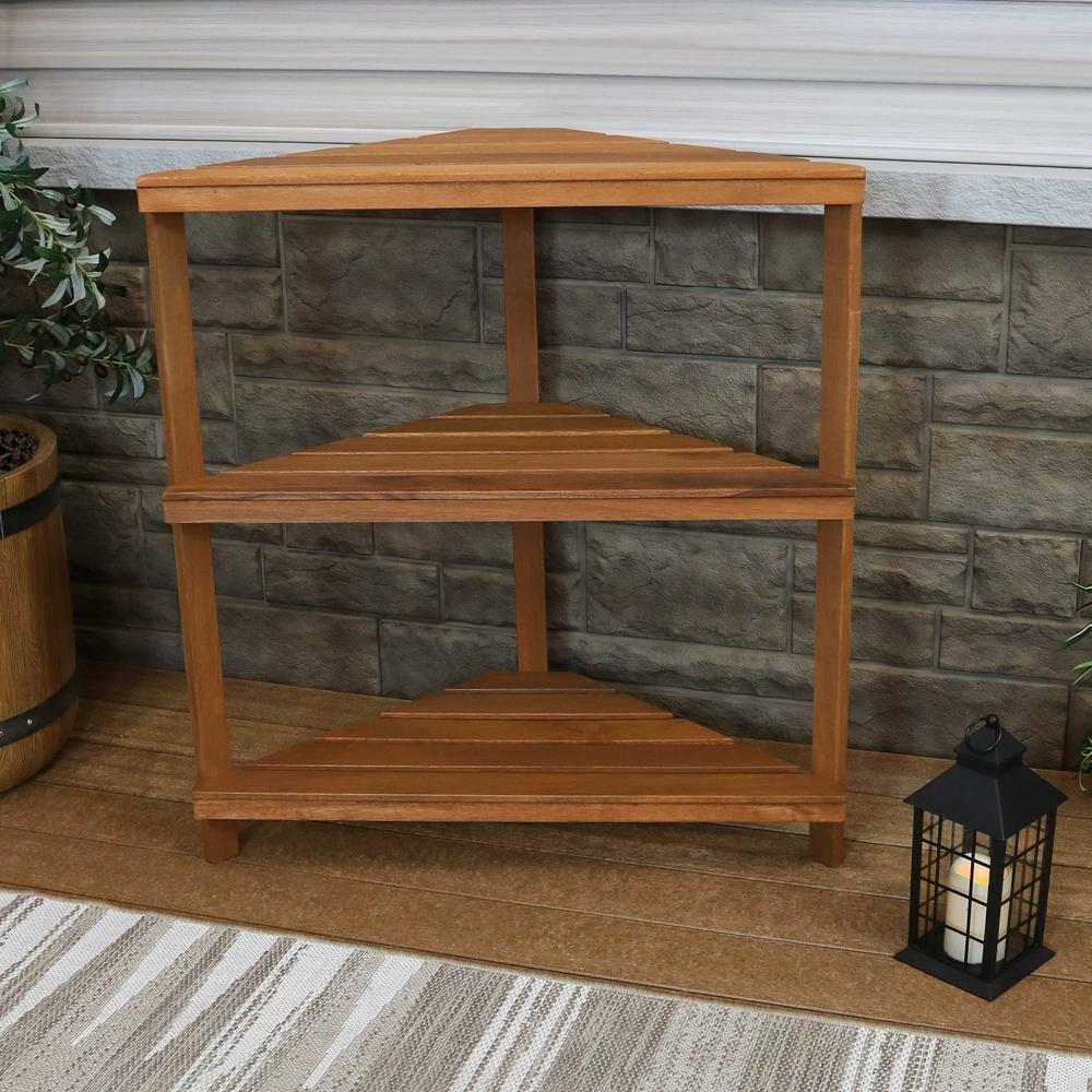 Sunnydaze Indoor/Outdoor Meranti Wood with Teak Oil Finish 3-Tiered Corner Flower Plant Stand Shelf Display - 36" - Brown