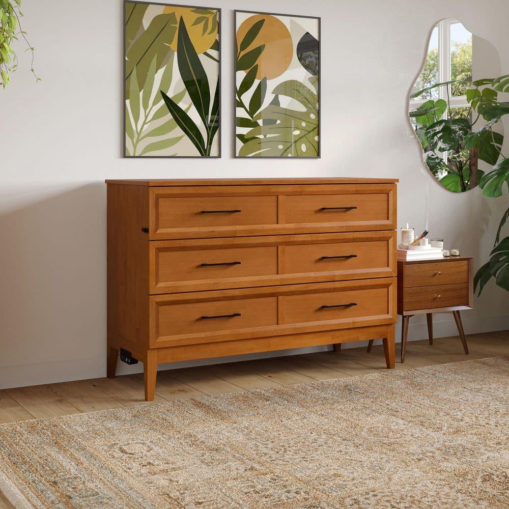AFI Santa Fe Full Wood Murphy Bed Chest with Mattress and Built-in Charger, Light Toffee