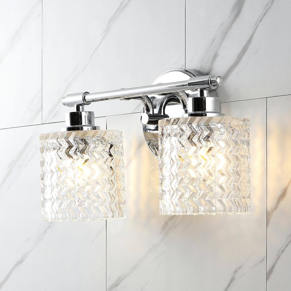 Spaulding Vintage 13" 2-Light Iron/Chevron Pattern Glass Farmhouse Cottage LED Vanity Light, Chrome