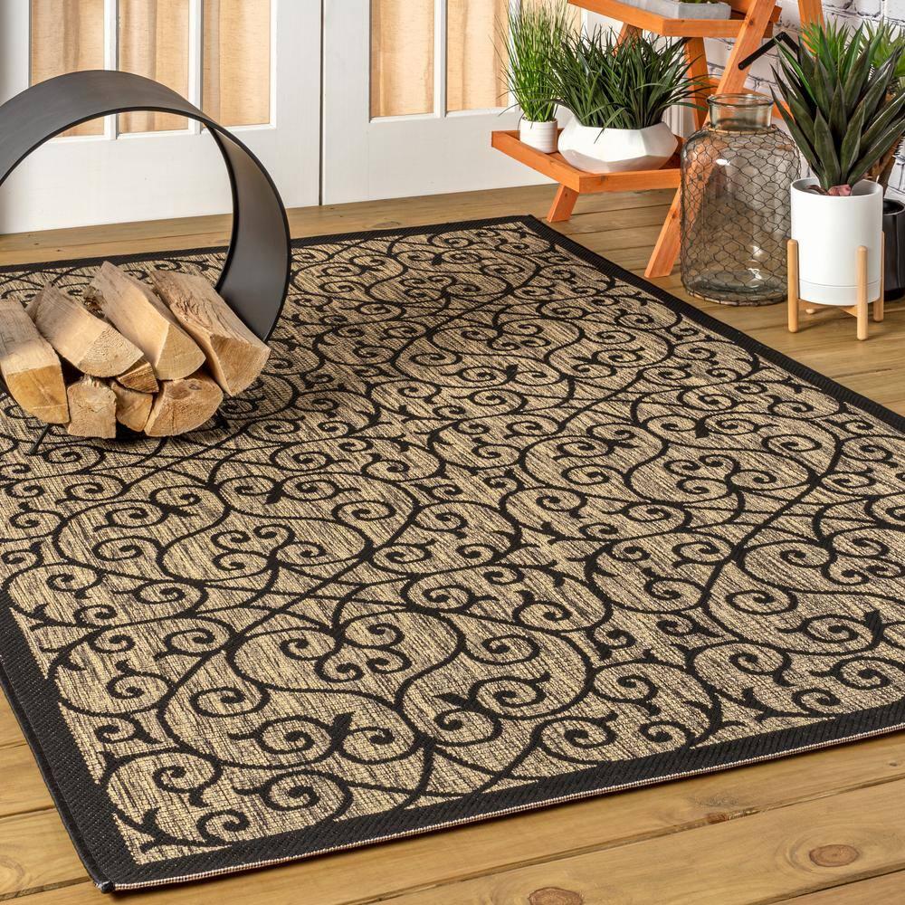 4'x6' Madrid Vintage Filigree Textured Weave Indoor/Outdoor Area Rug, Black/Khaki - JONATHAN Y