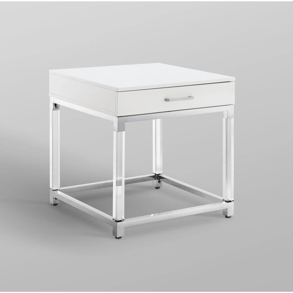Posh Living Briar 1-Drawer Metal End Table with Acrylic Legs - White/Chrome