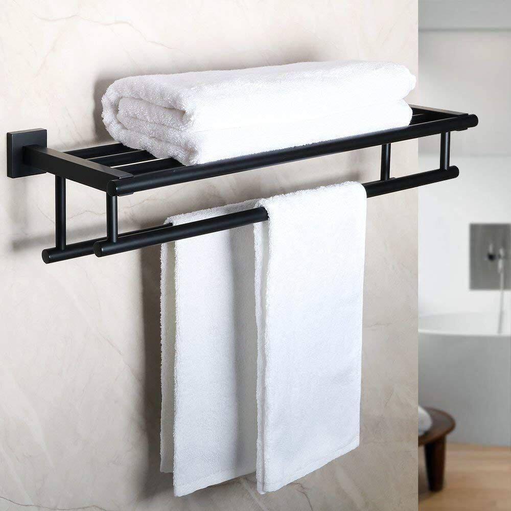 24 Inch Towel Racks for Bathroom, 2 Tire Bathroom Shelf with Towel Bar, Rustproof Wall Mounted Towel Rack SUS304 Stainless Steel, Bathroom Accessories Lavatory Towel Storage - Black