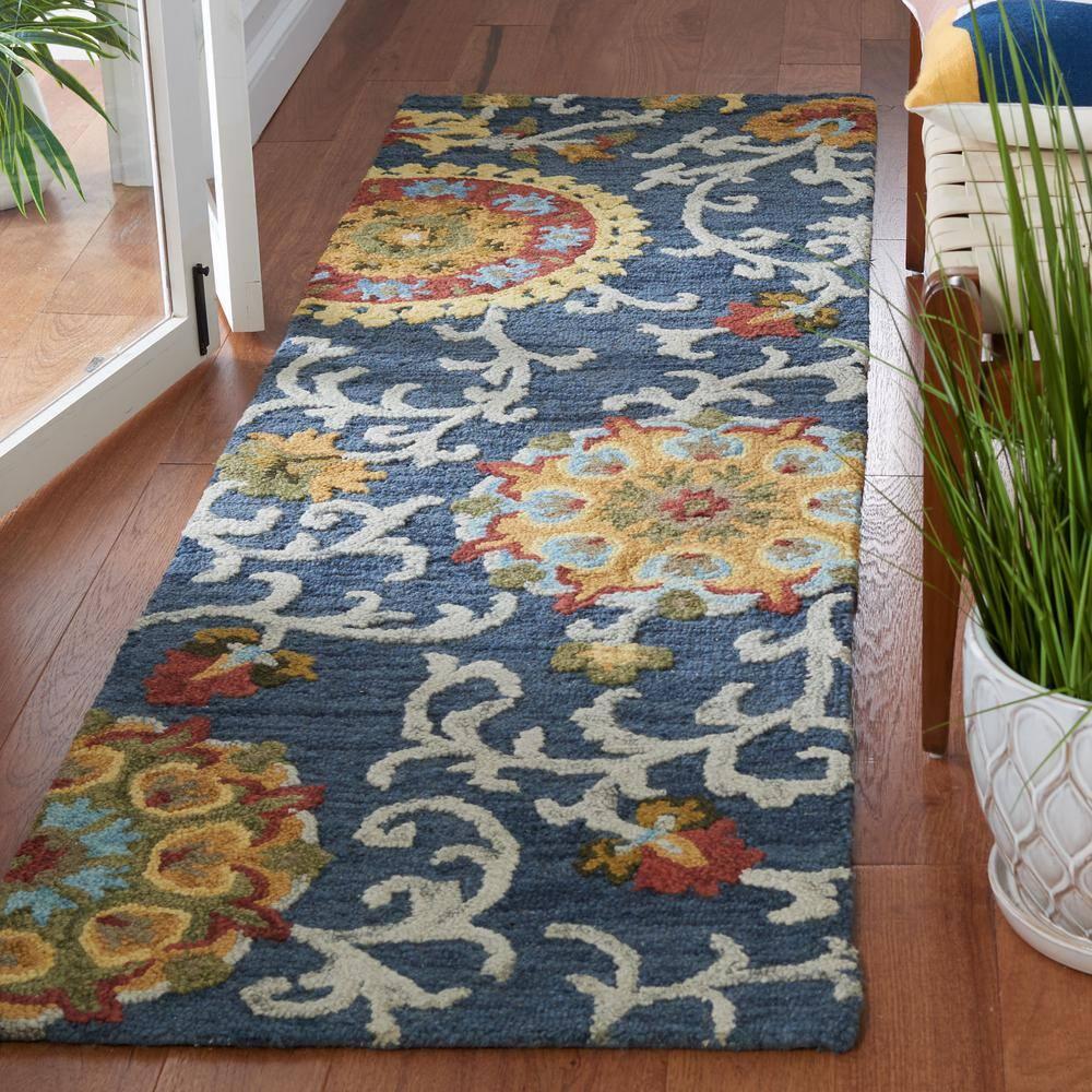 Blossom BLM401 Hand Tufted Runner Rug - Navy/Multi - 2'3"x8' - Safavieh.