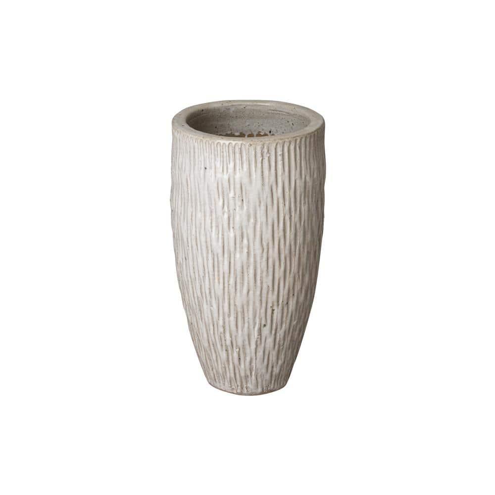 Tall 13 in. L x 23 in. H Distressed White Ceramic Round Planter with Drainage Hole