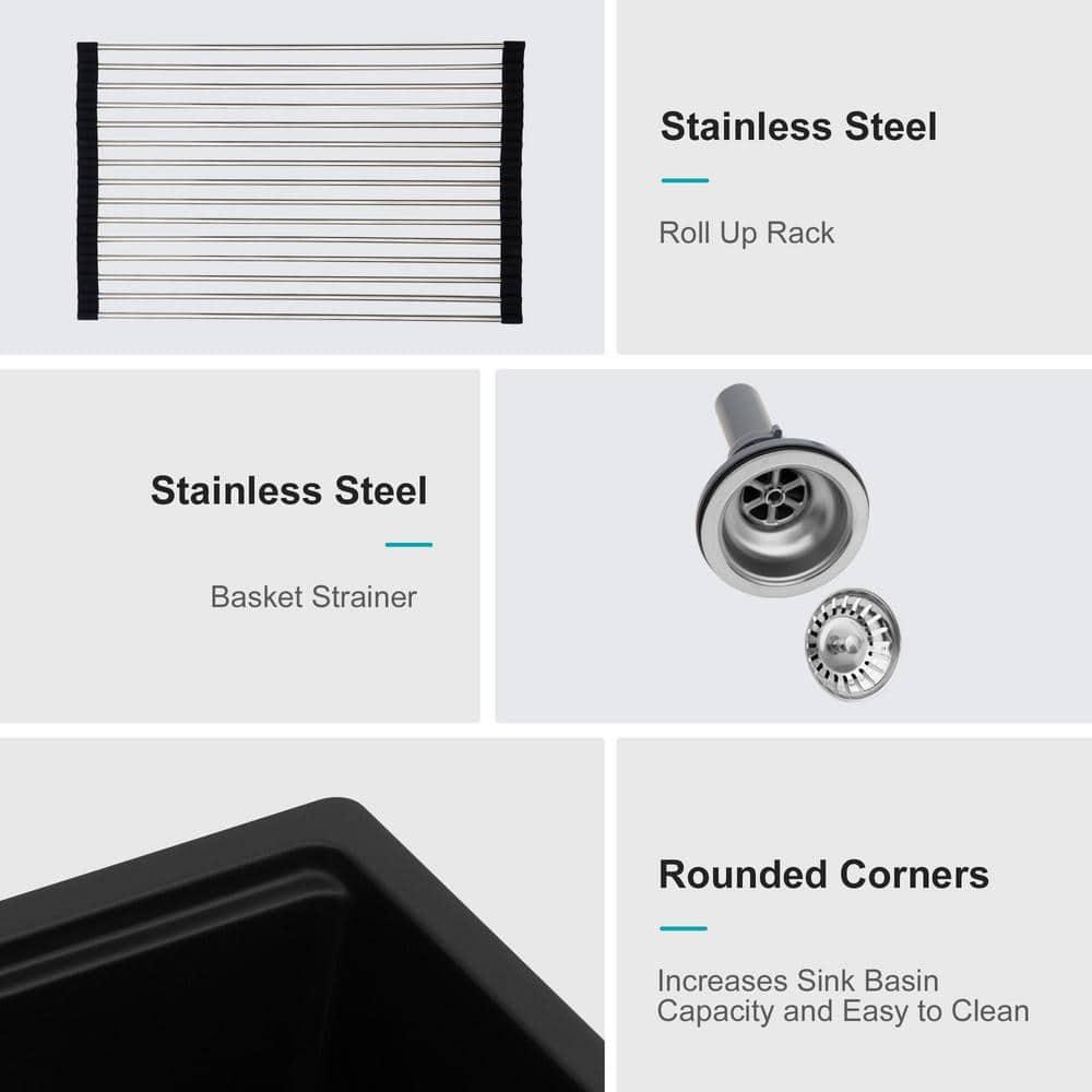 33 in. x 19 in. Undermount Kitchen Sink, 16-Gauge Granite Composite Workstation Sinks Single Bowl in Black