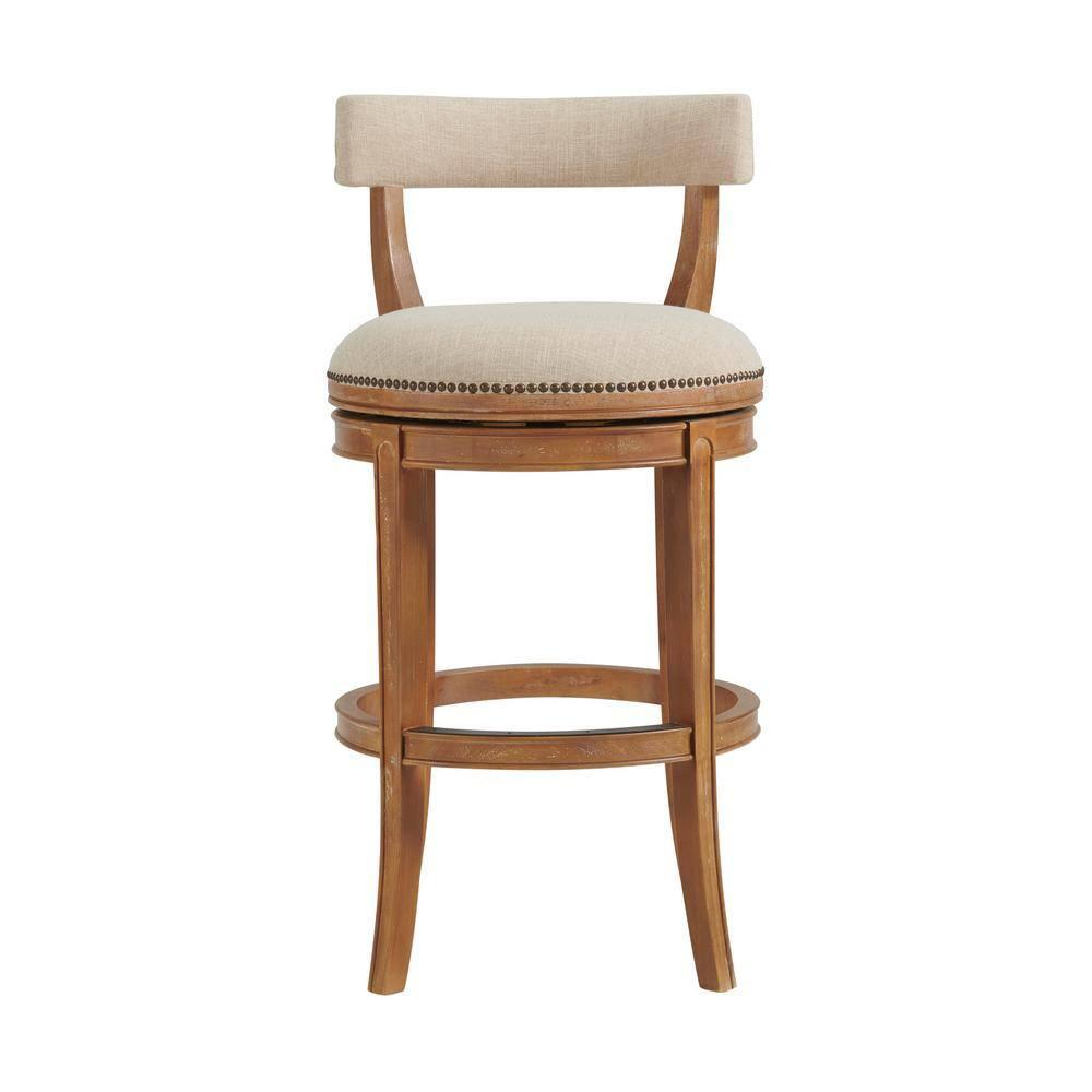 Alaterre Hanover Swivel Bar Height Stool, Weathered Brown and Beige, Solid Rubberwood Frame with Faux Linen Upholstered Seat, Nailhead Trim, Memory Return Swivel, 20 in. W x 22 in. D x 41 in. H