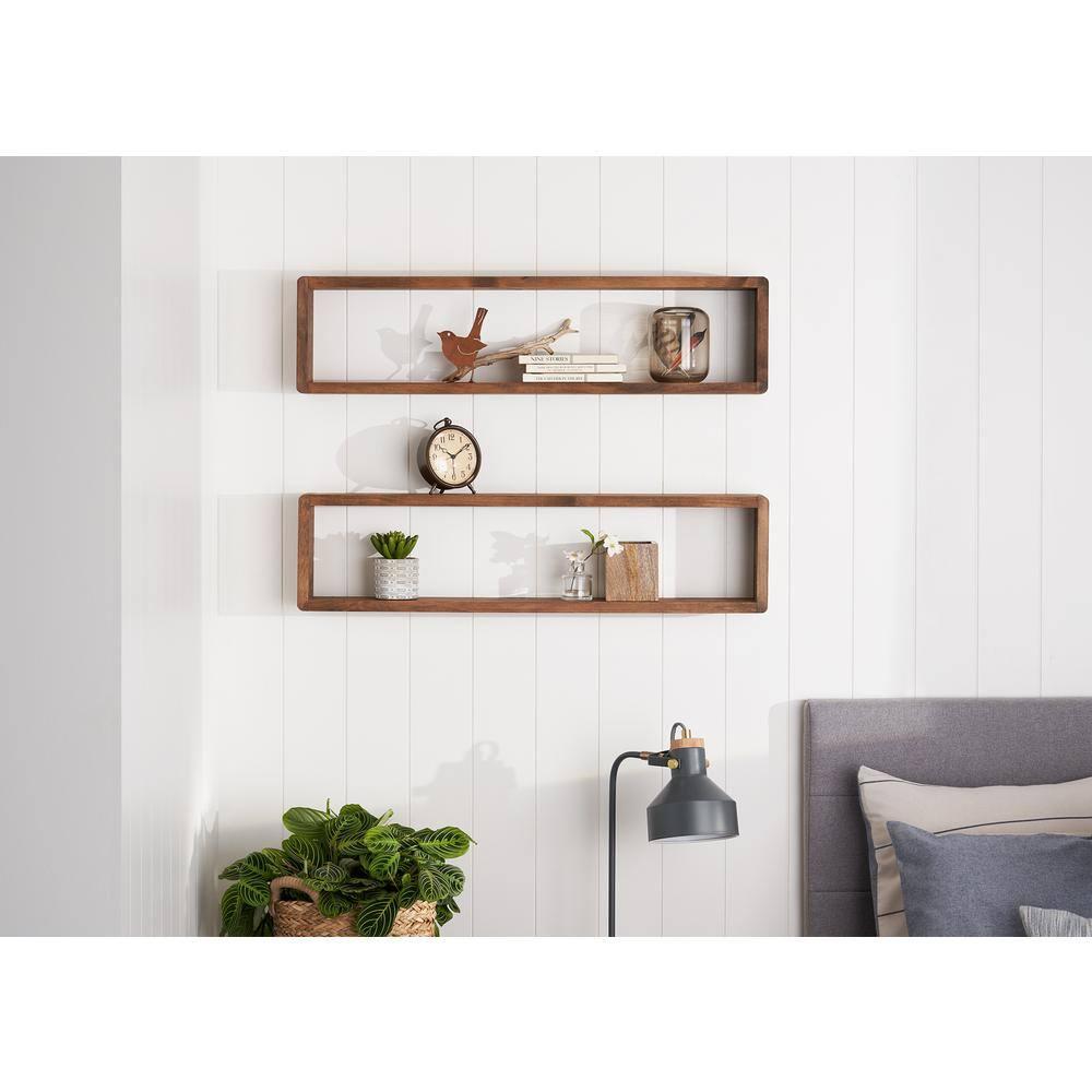 Stackable Floating Shelves, Farmhouse Style Decorative Box Bookshelves for Bedroom, Living Room, and More, Solid Wood, 8" H x 32" W x 4.00" D, Walnut Finish, 2-Pack