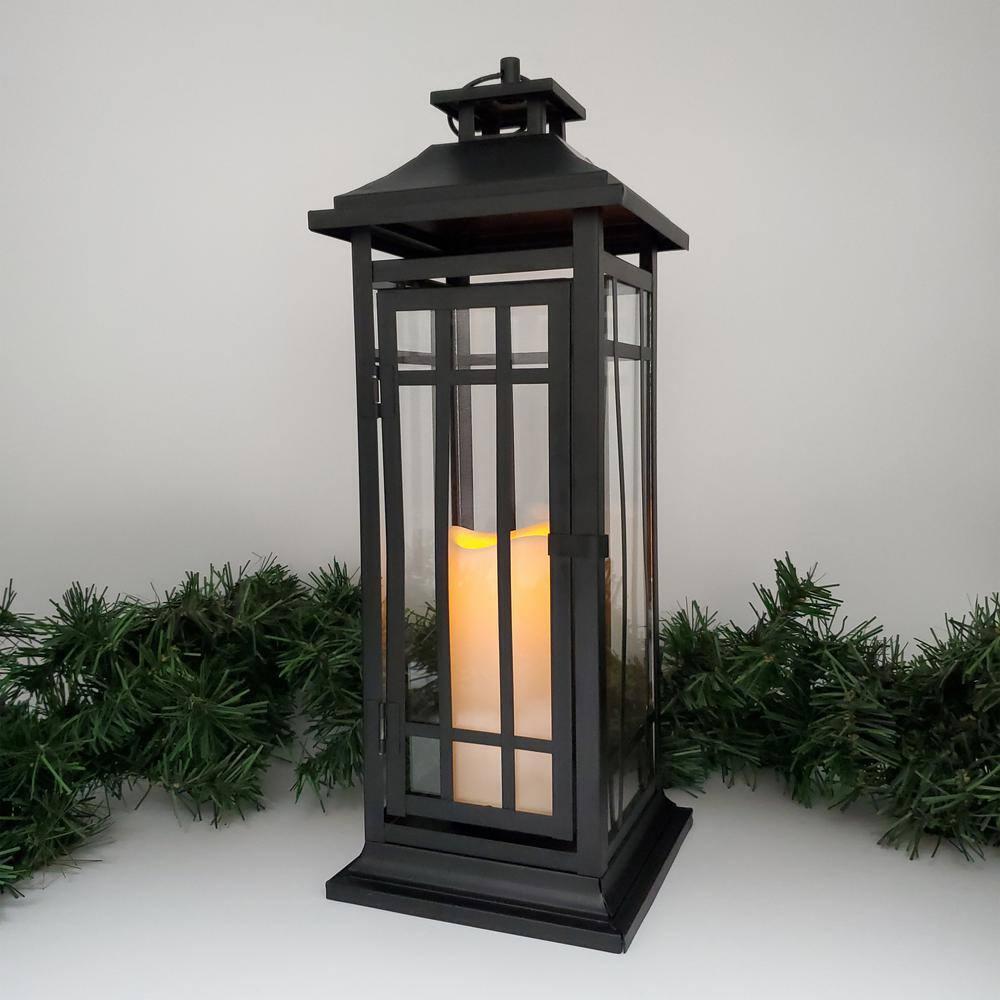 LumaBase Battery Operated Metal Lantern with LED Candle - Black Window (17 inches)