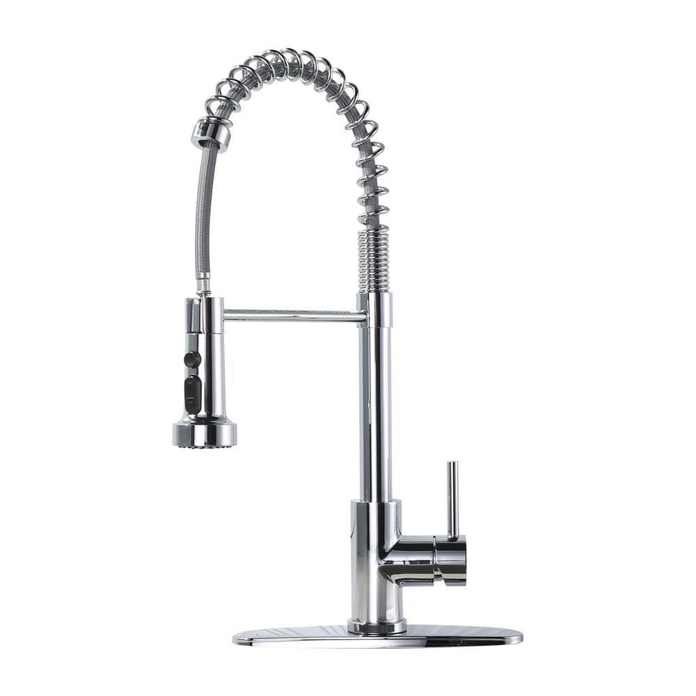 VOTON Chrome Kitchen Faucets with Pull Out Sprayer Commercial Spring Sink Faucet Stainless Steel Pull Down Single Handle Farmhouse faucets with Deck Plate for Camper Laundry Utility Rv Wet Bar