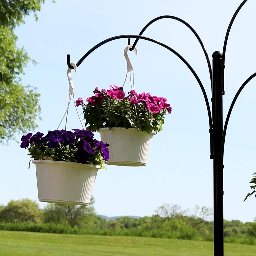 Sunnydaze 4-Arm Garden Hanging Basket Flower Plant Stand with Adjustable Arms - 84" - Black
