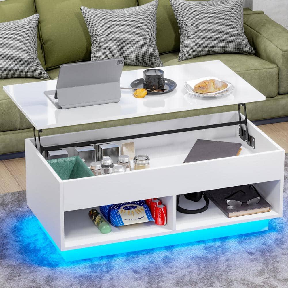 40" Modern Lift Top Coffee Table with Hidden Compartment White Coffee Table with LED Lights High Gloss Cocktail End Table with Open Shelf