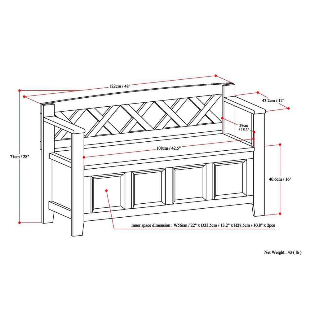 Simpli Home Amherst 48"W Solid Wood Entryway Storage Bench with Lift-Top Lid and Dual Compartments