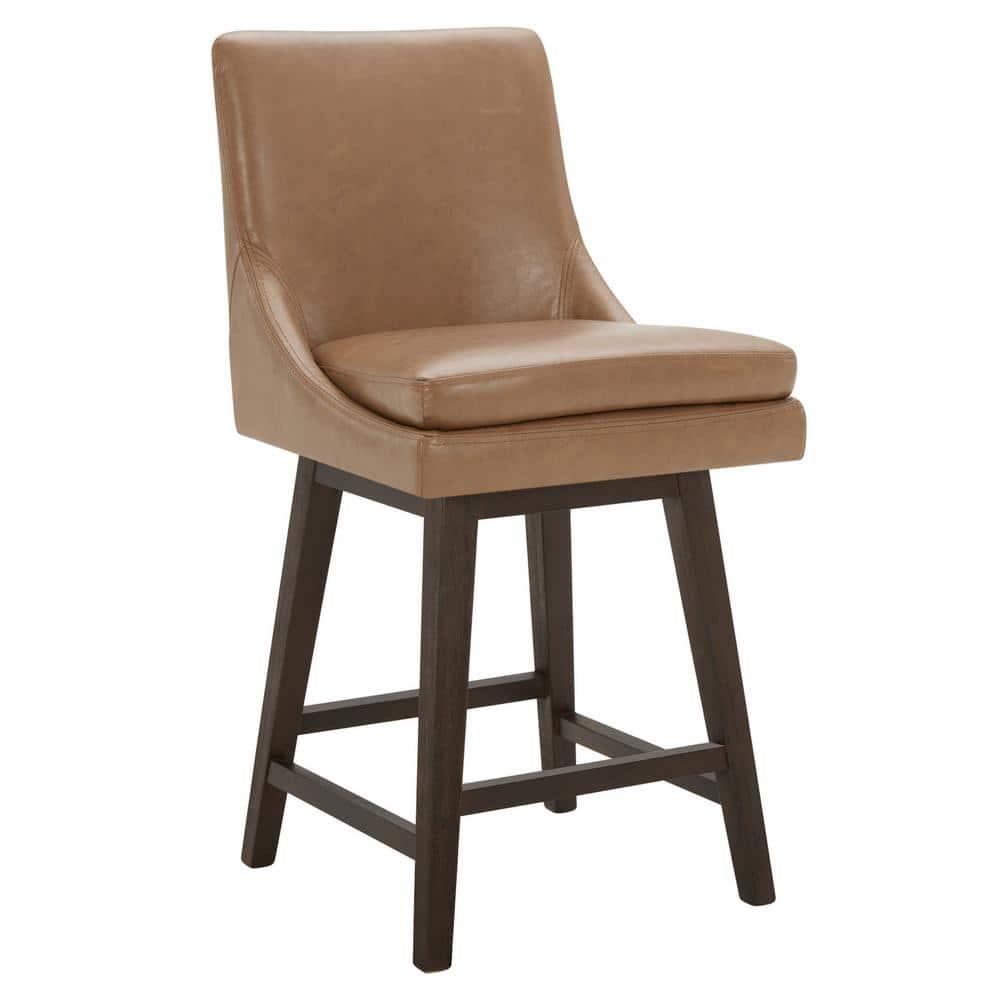 Fiona 26.8 in. Saddle Brown High Back Solid Wood Frame Swivel Counter Height Bar Stool with Faux Leather Seat(Set of 2)