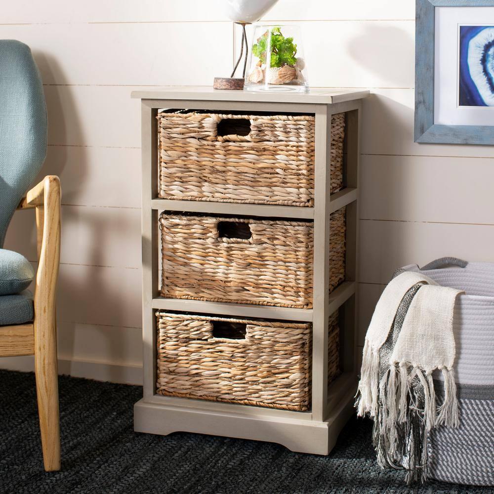 Halle 3 Wicker Basket Storage Side Table - Vintage Grey - Safavieh.