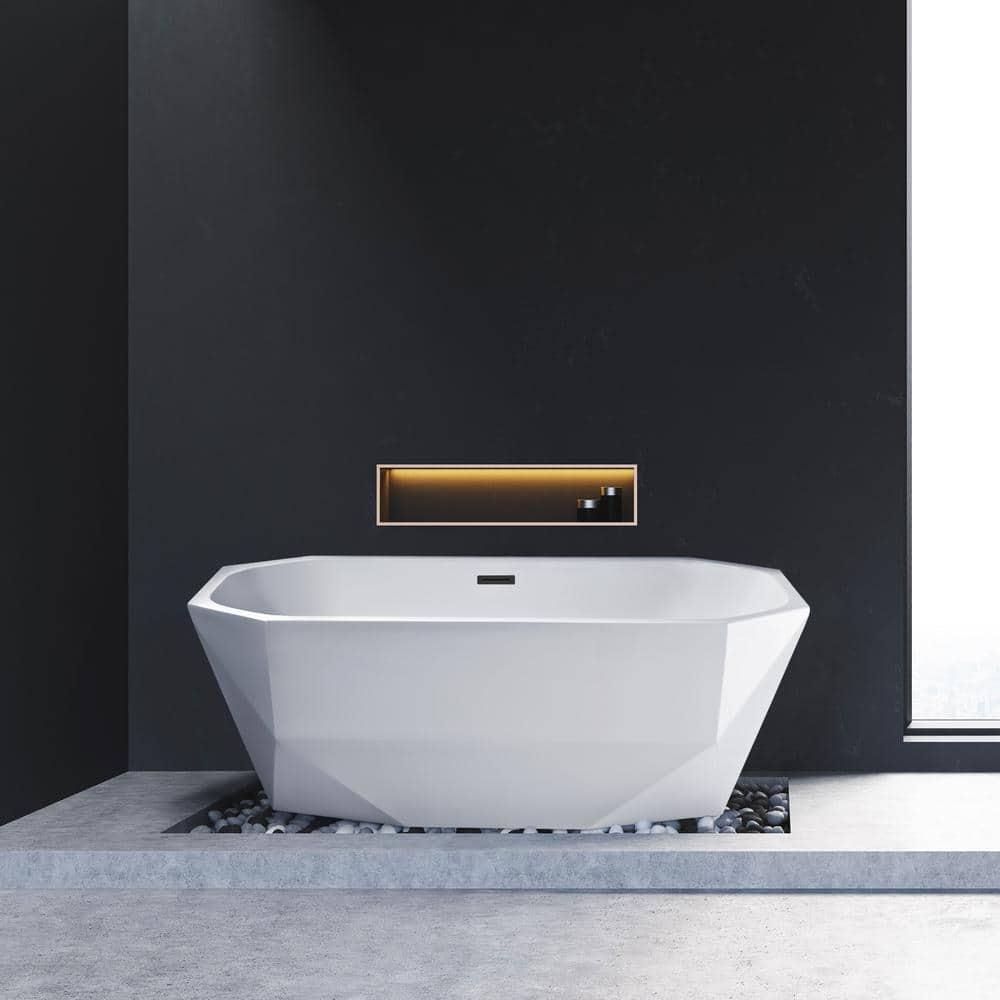 59" Streamline Freestanding Soaking Acrylic Bathtub With Drain and Bamboo Tray