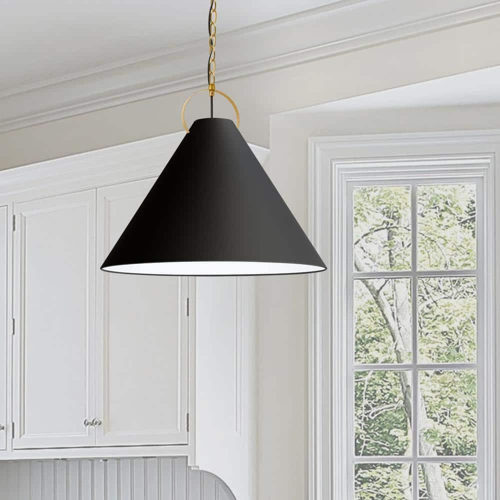 Princeton 1-Light Aged Brass Shaded Pendant Light with Black Fabric Shade