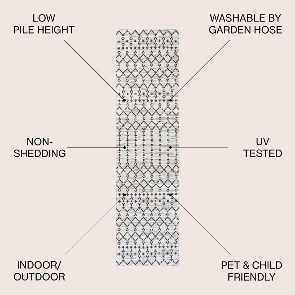 2' x 10' Ourika Moroccan Geometric Textured Weave Indoor/Outdoor Runner Rug, Cream/Black - JONATHAN Y