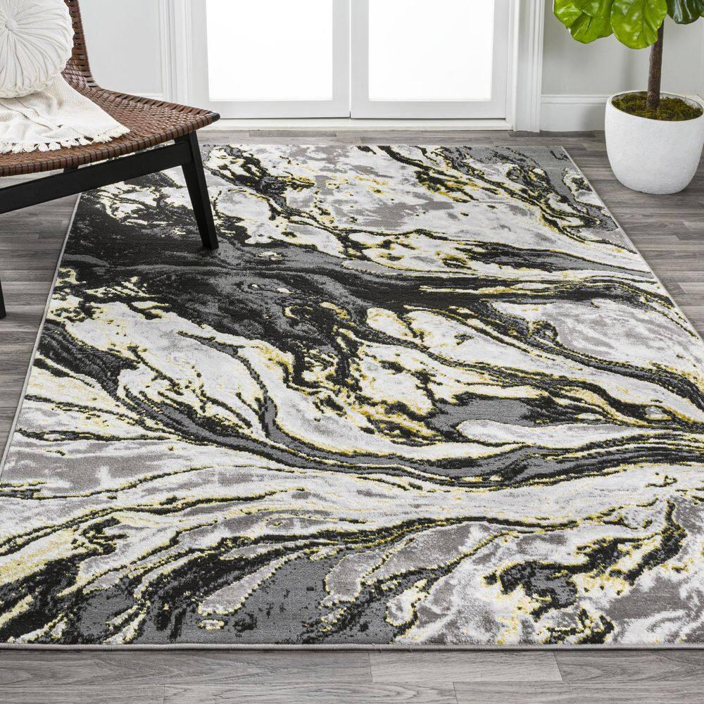 3'x5' Swirl Marbled Abstract, Black/Yellow - JONATHAN Y