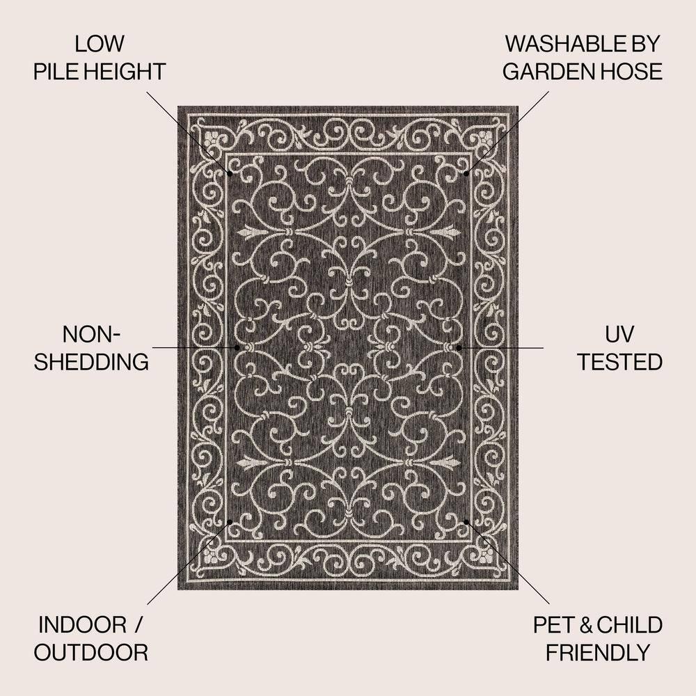 4'x6' Charleston Vintage Filigree Textured Weave Indoor/Outdoor Area Rug, Black/Gray - JONATHAN Y