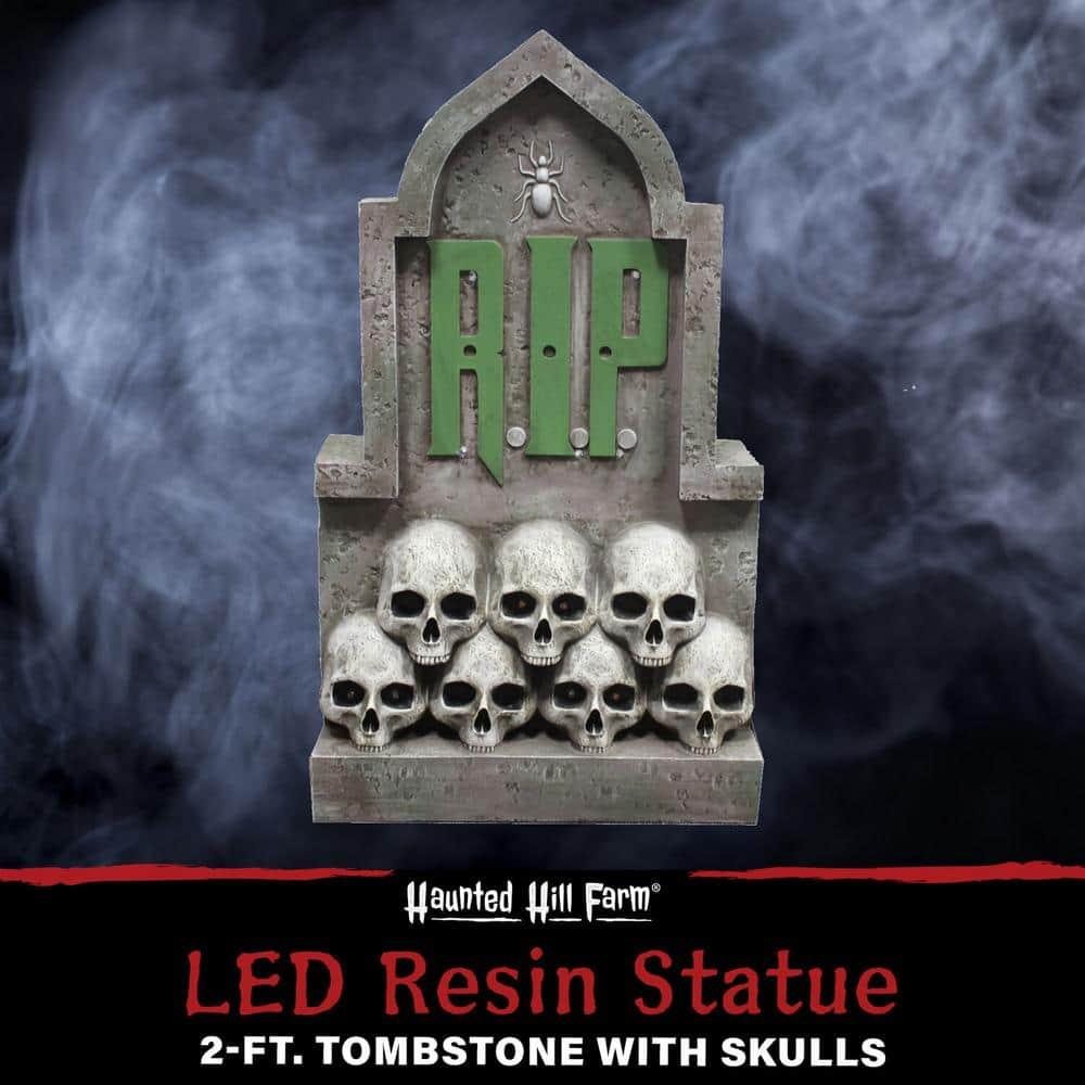 Haunted Hill Farm Haunted Hill Farm 2 ft. RIP Tombstone with Skulls, Pre-Lit LED RIP and Skull Eyes Gothic Décor