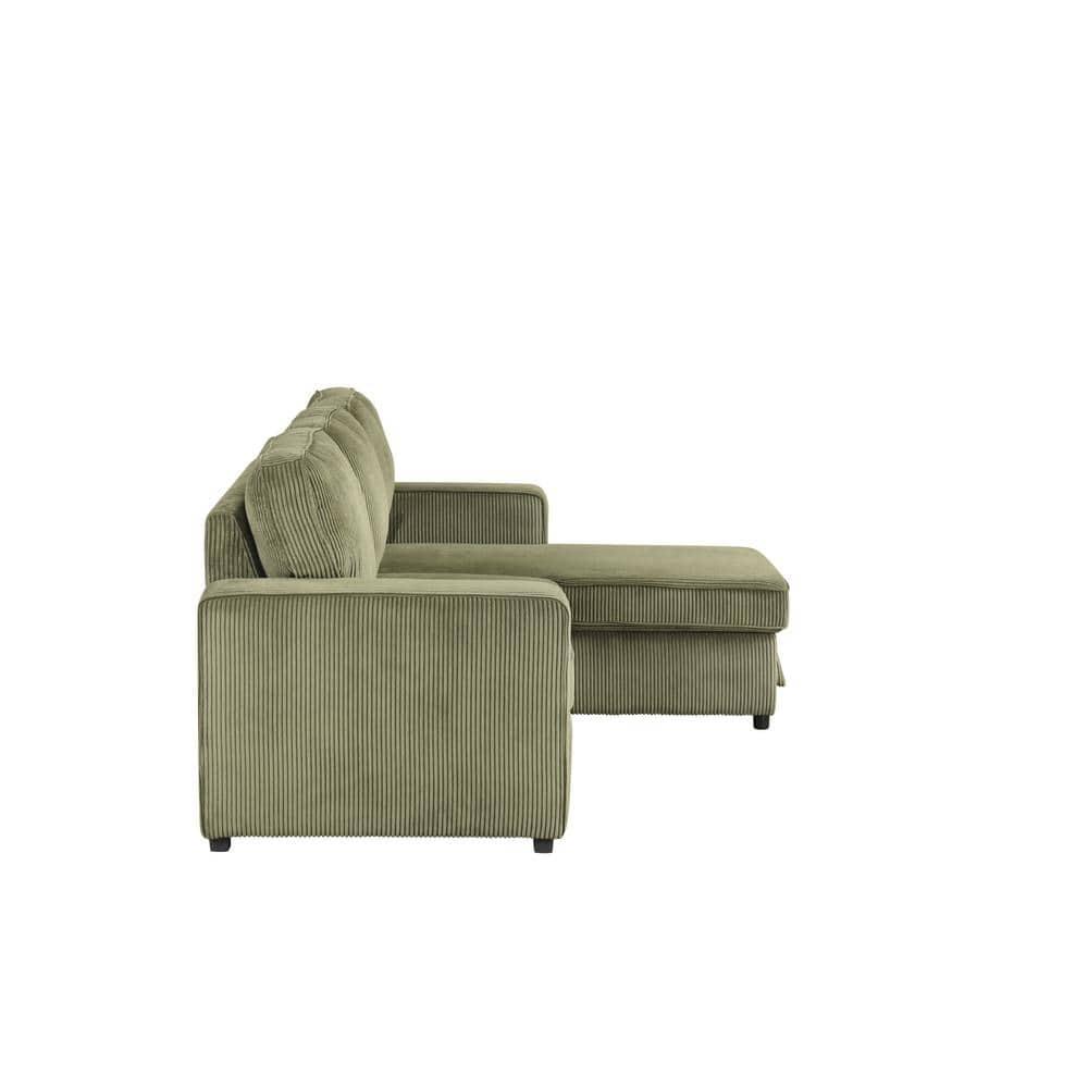 HOMES: Inside + Out Paeke Sleeper Sectional Sofa Corduroy with Storage Chaise and Reversible Green