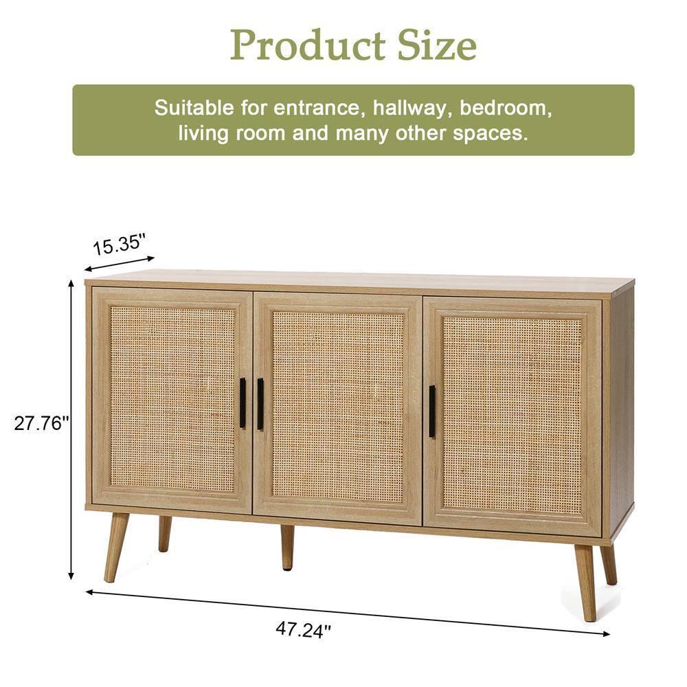 LuxenHome Rattan Buffet Cabinet with Storage, 47" Light Oak Finish Wood Accent Sideboard Cabinet with 3-Door, Boho Coffee Bar Console Table