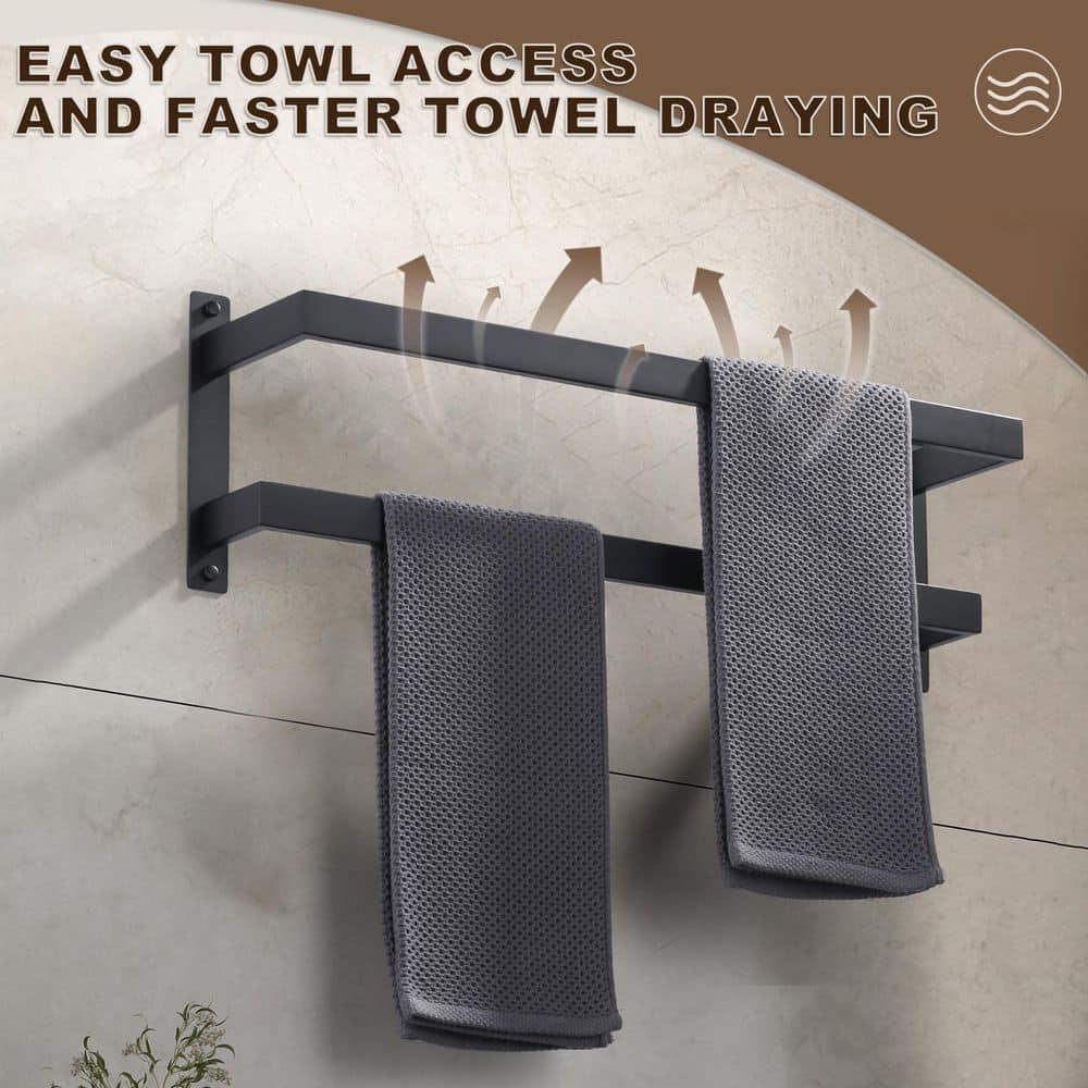 2-Tier Stainless Steel Wall Mounted Square Towel Rack With Concealed Mounting Hardware Staggered Two Rod Towel Rack