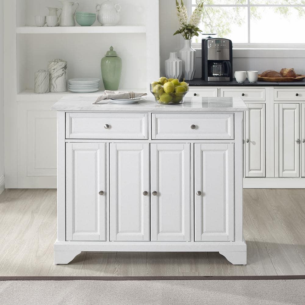 Avery Kitchen Island/Cart Distressed White/White Marble - Crosley: Adjustable Shelves, Particle Board Frame, 6 Shelves, 2 Drawers
