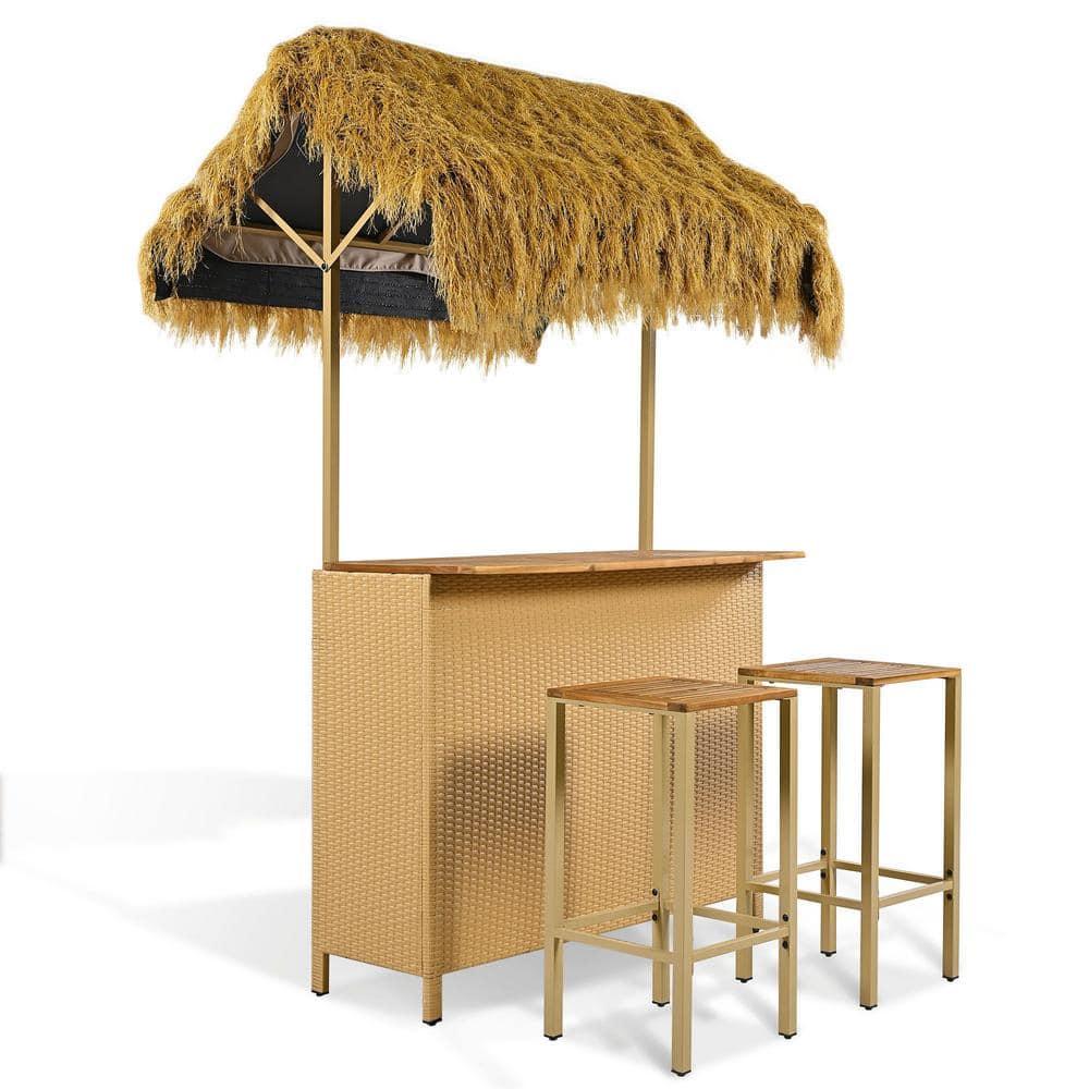 3-piece Outdoor Bar Set, PE Rattan Wicker Bar Stool and Table w/Storage Shelf, Hawaiian-style Patio Bar Set with PE Grass Canopy, Height Wood Top Bar Set for Outside Balcony
