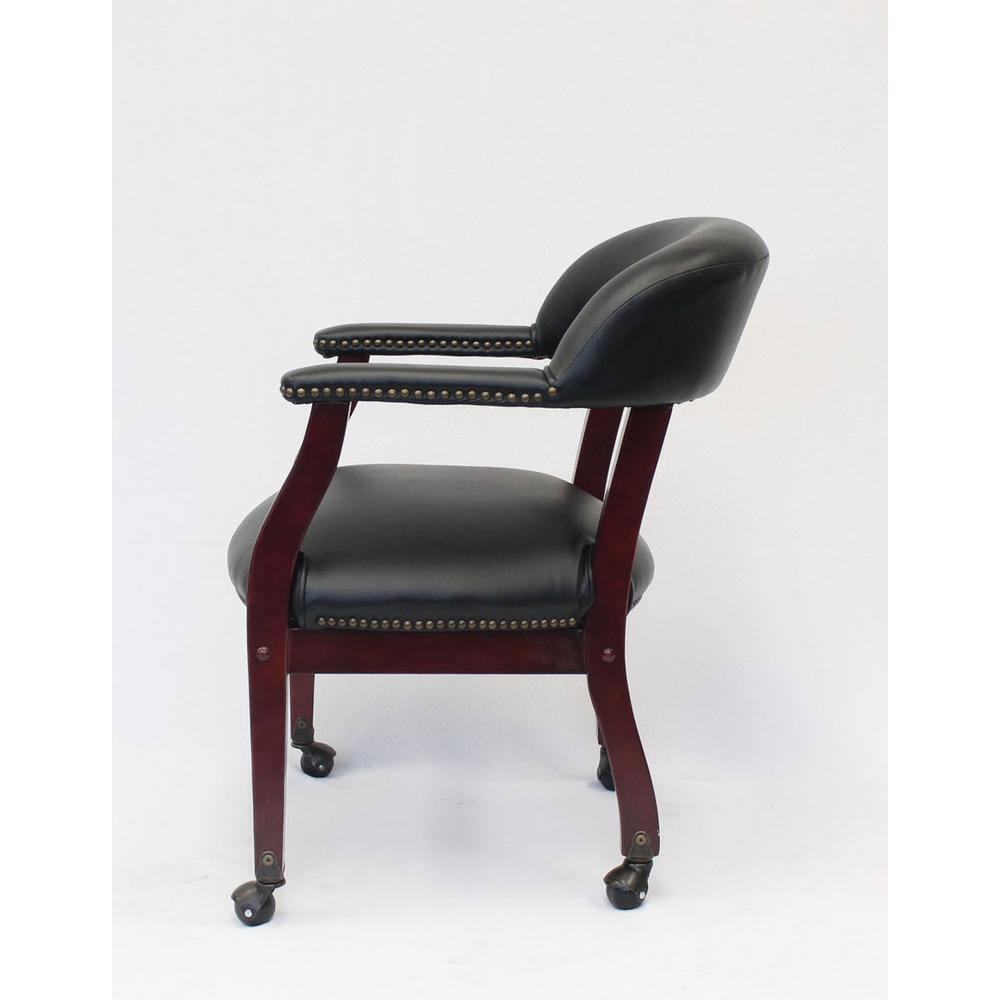 Captain's Chair with Casters Black - Boss Office Products: Mahogany Base, Vinyl Upholstery, Brass Castors