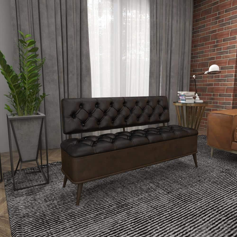 Williston Forge Black Metal Room Storage Bench with Tufted Faux Leather, 54" x 19" x 31"
