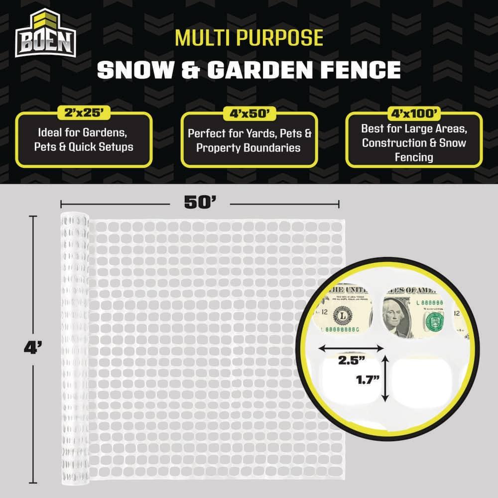 BOEN 4' x 50' White Temporary Fencing, Mesh Snow Fence, Plastic, Safety Garden Netting, Above Ground Barrier, for Deer, Kids, Swimming Pool, Silt, Lawn, Rabbits, Poultry, Dogs