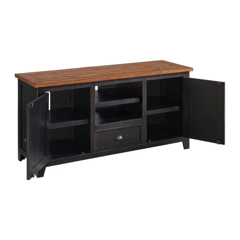 The Gray Barn  Downington Solid Wood 60-inch TV Stand Black and Honey Pine Finish, Wood Finish Adjustable Shelving Nautical & Coastal, Rustic