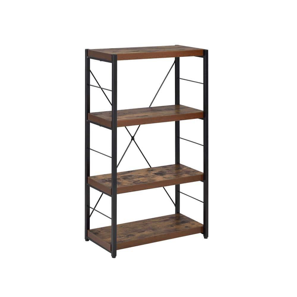 4 Tiered Metal Framed Wooden Bookshelf Weathered Oak Brown and Black - Saltoro Sherpi
