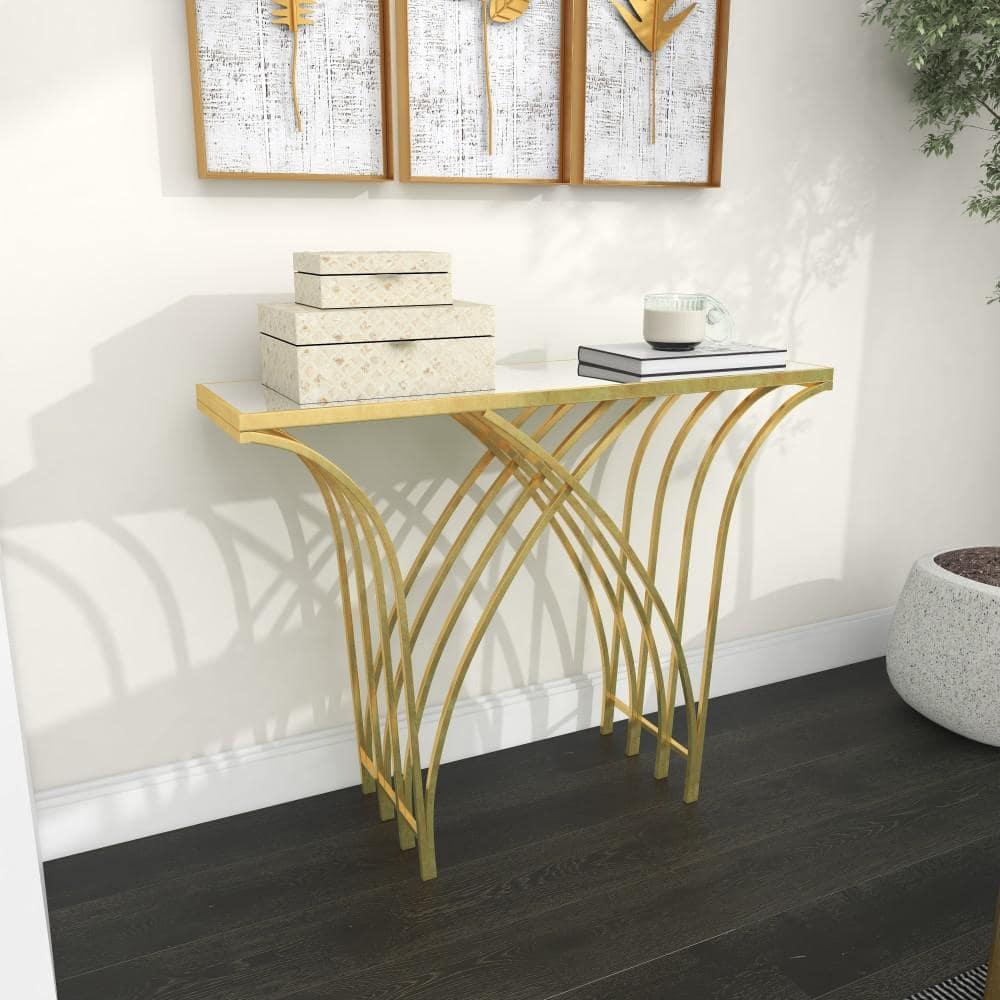 Mercer41 Derbyshire Metal Geometric Gold Console Table with Mirrored Glass Top