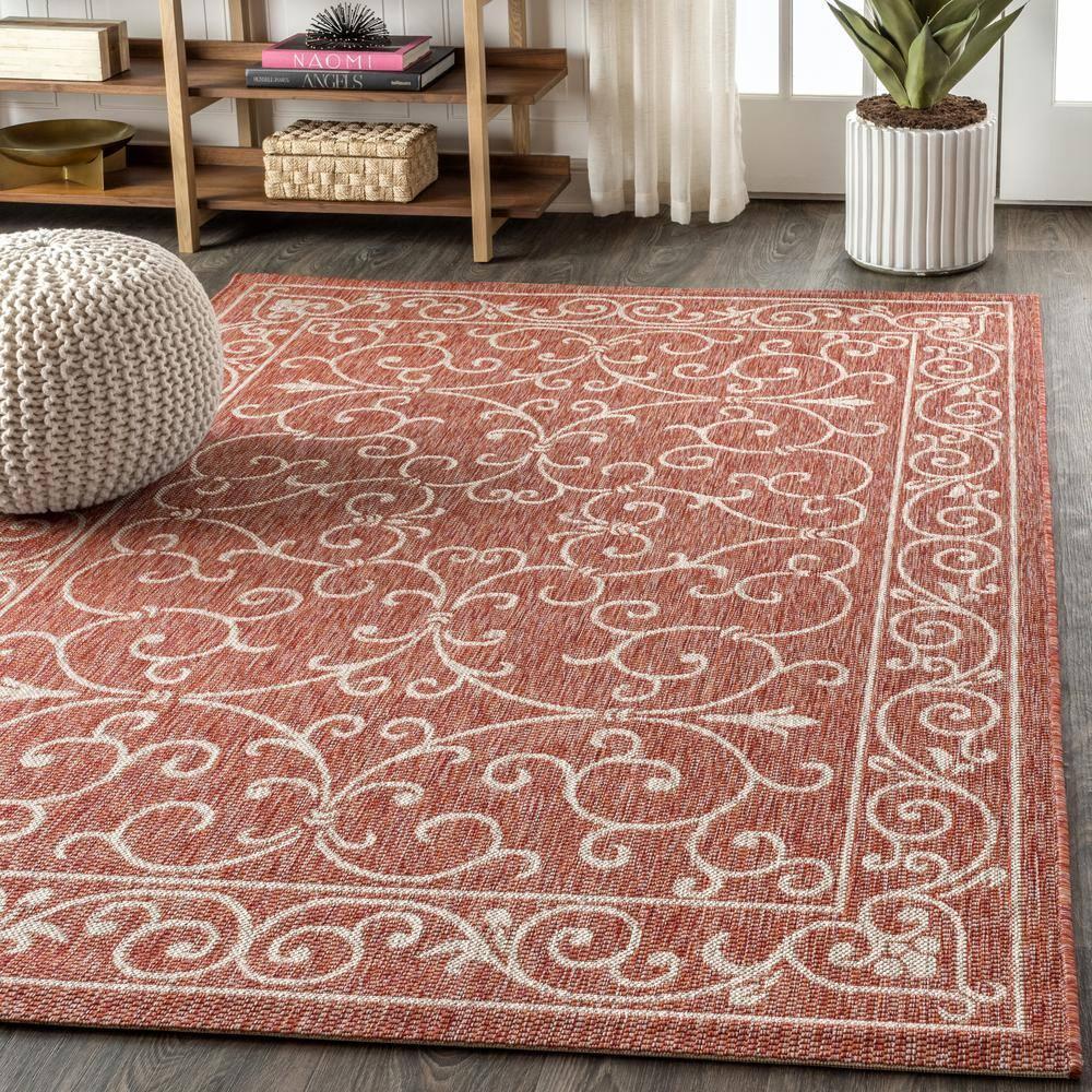 4'x6' Charleston Vintage Filigree Textured Weave Indoor/Outdoor Area Rug, Red/Beige - JONATHAN Y