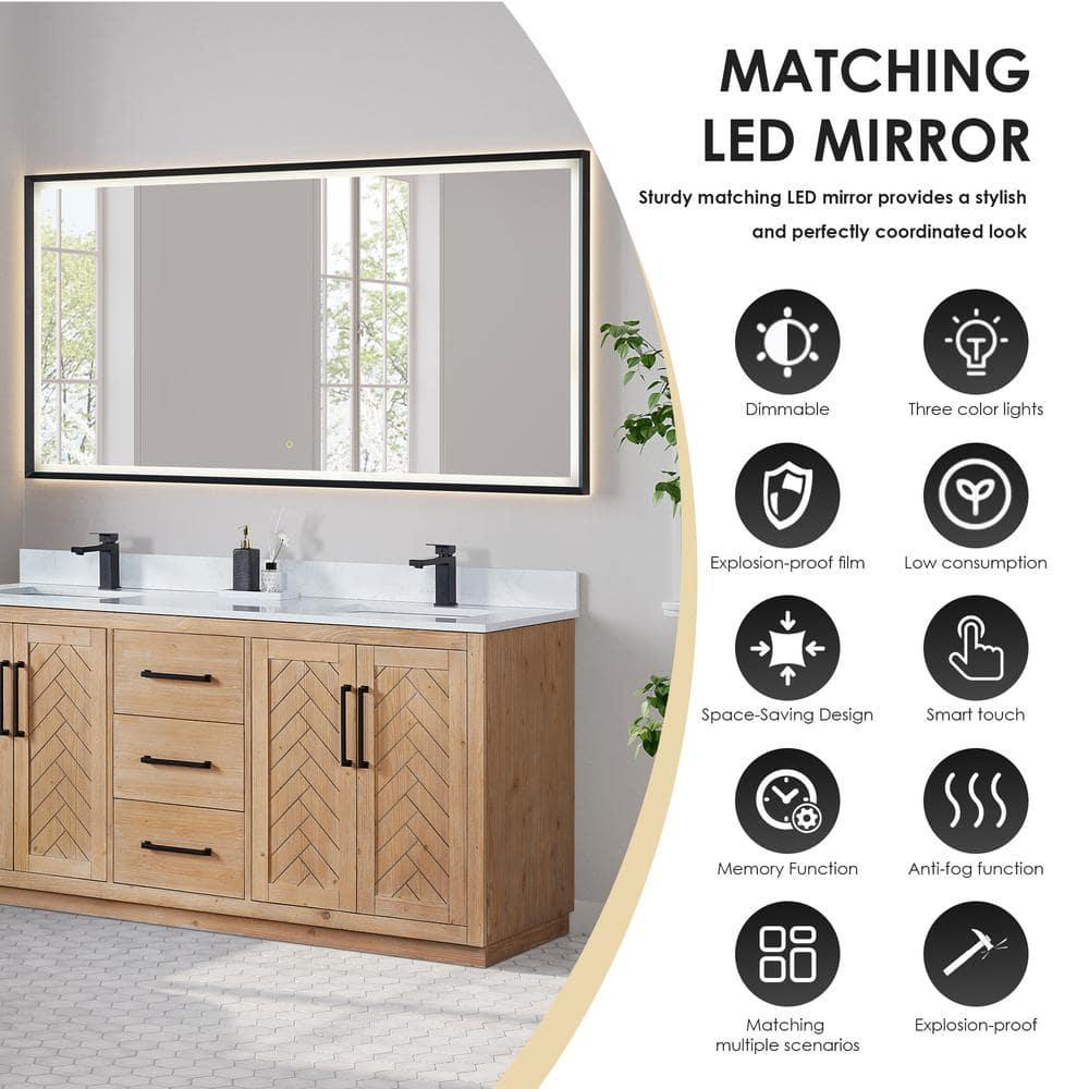 Anais 72" Wood Vanity in Light Brown with White Composite Stone Top with Mirror