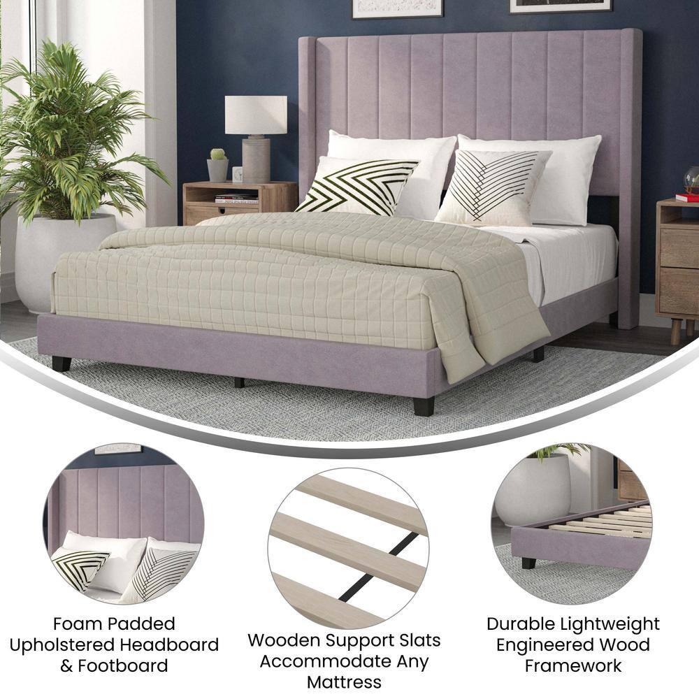Ebern Designs Upholstered Platform Bed with Vertical Stitched Wingback Headboard, Slatted Mattress Foundation