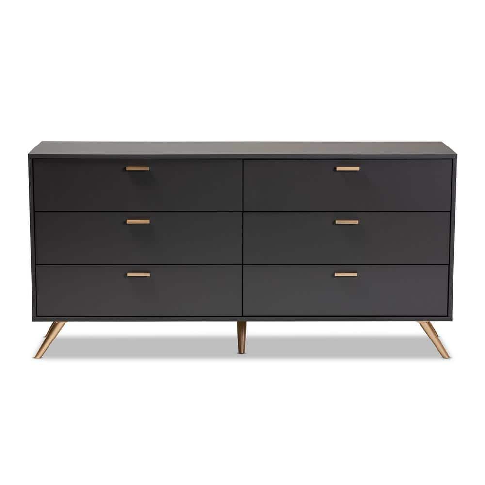 Kelson Wood 6 Drawer Dresser Dark Gray/Gold - Baxton Studio: Modern Storage Furniture for Bedroom