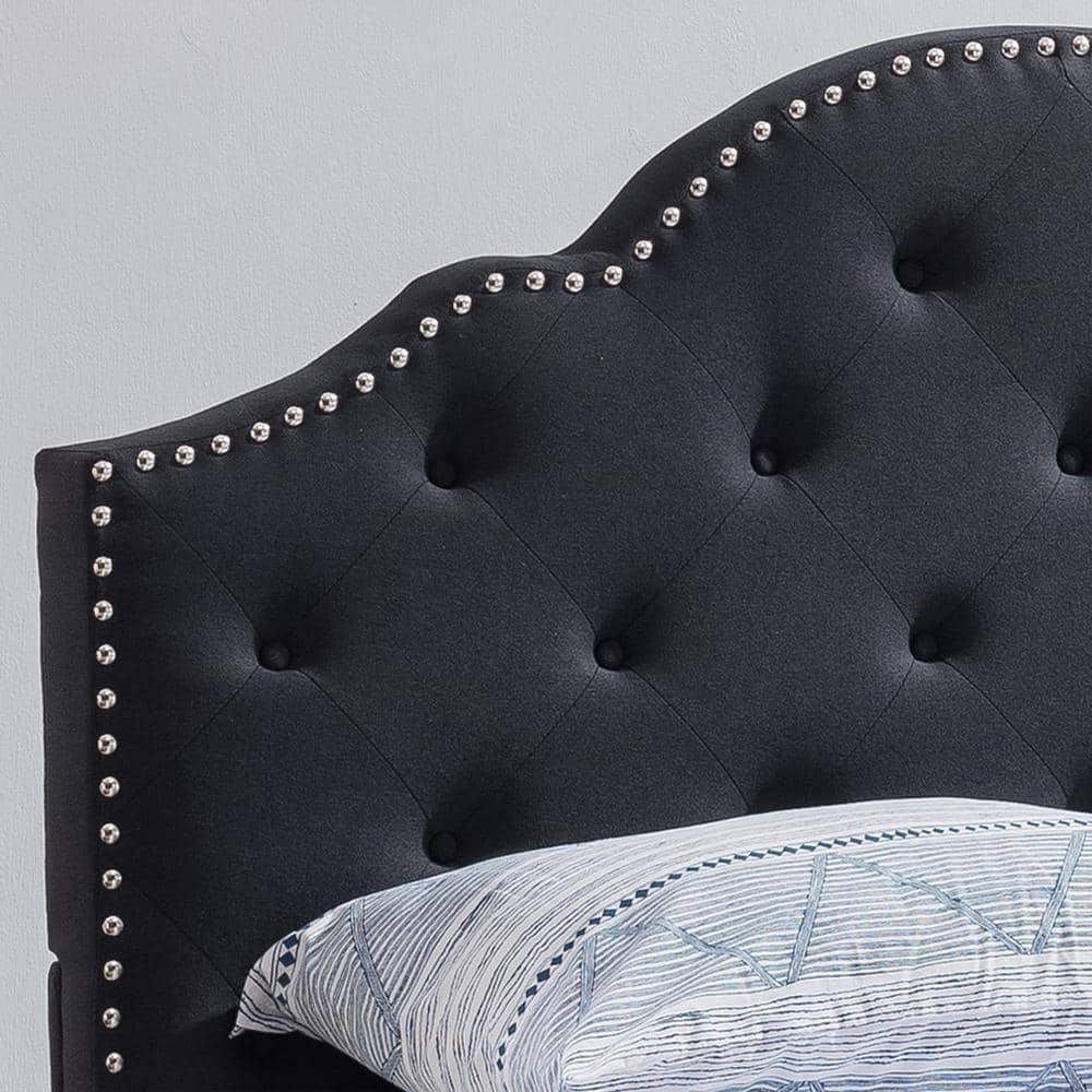 Noble House Allyssa Contemporary Fabric Button-Tufted Upholstered Queen Bed Frame with Nailhead Accents, Black