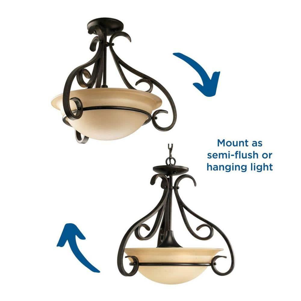 Progress Lighting Torino 3-Light Semi-Flush in Forged Bronze with Etched White Glass Bowl