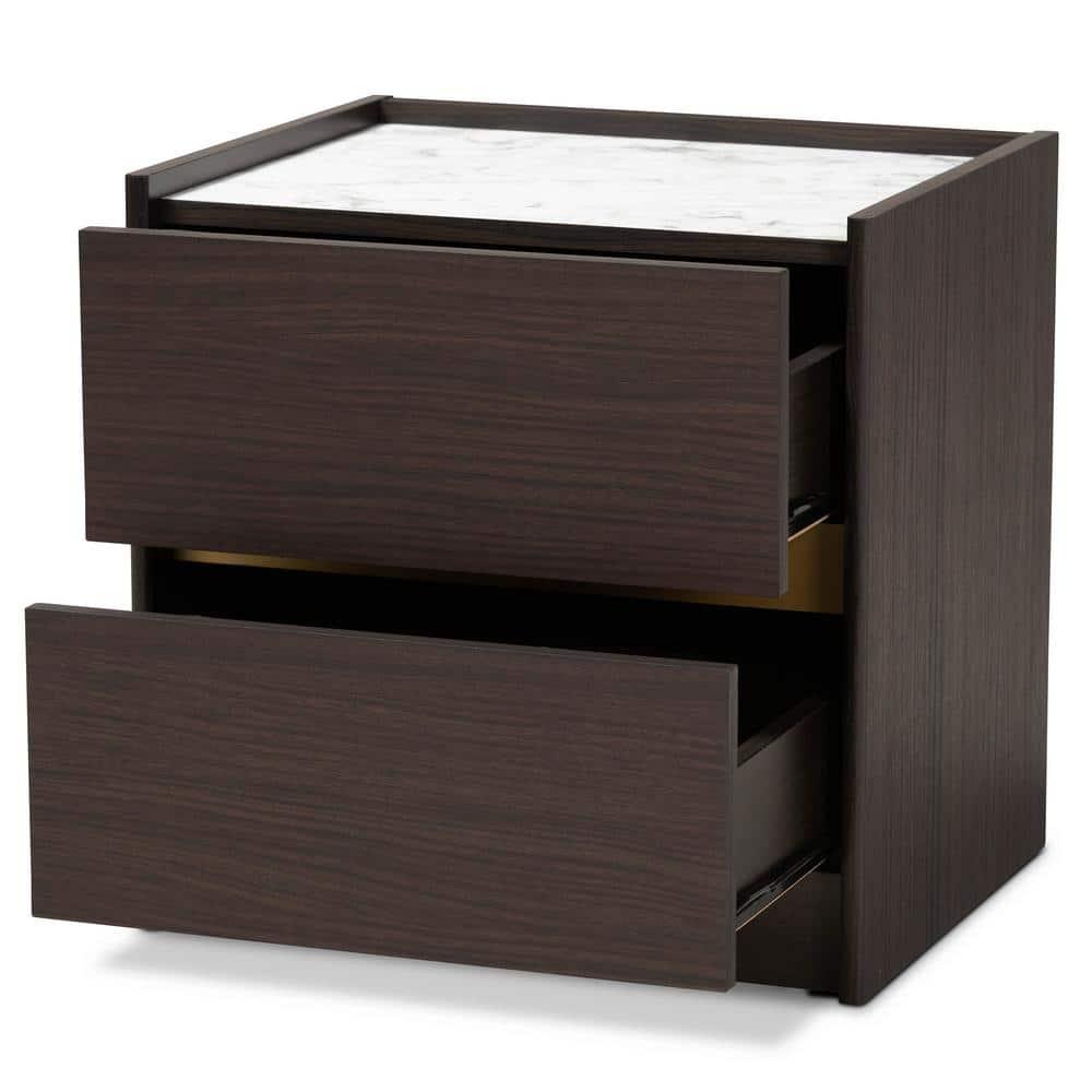 Walker Wood Nightstand: Faux Marble Top, Gold Accents, 2 Drawers - Baxton Studio