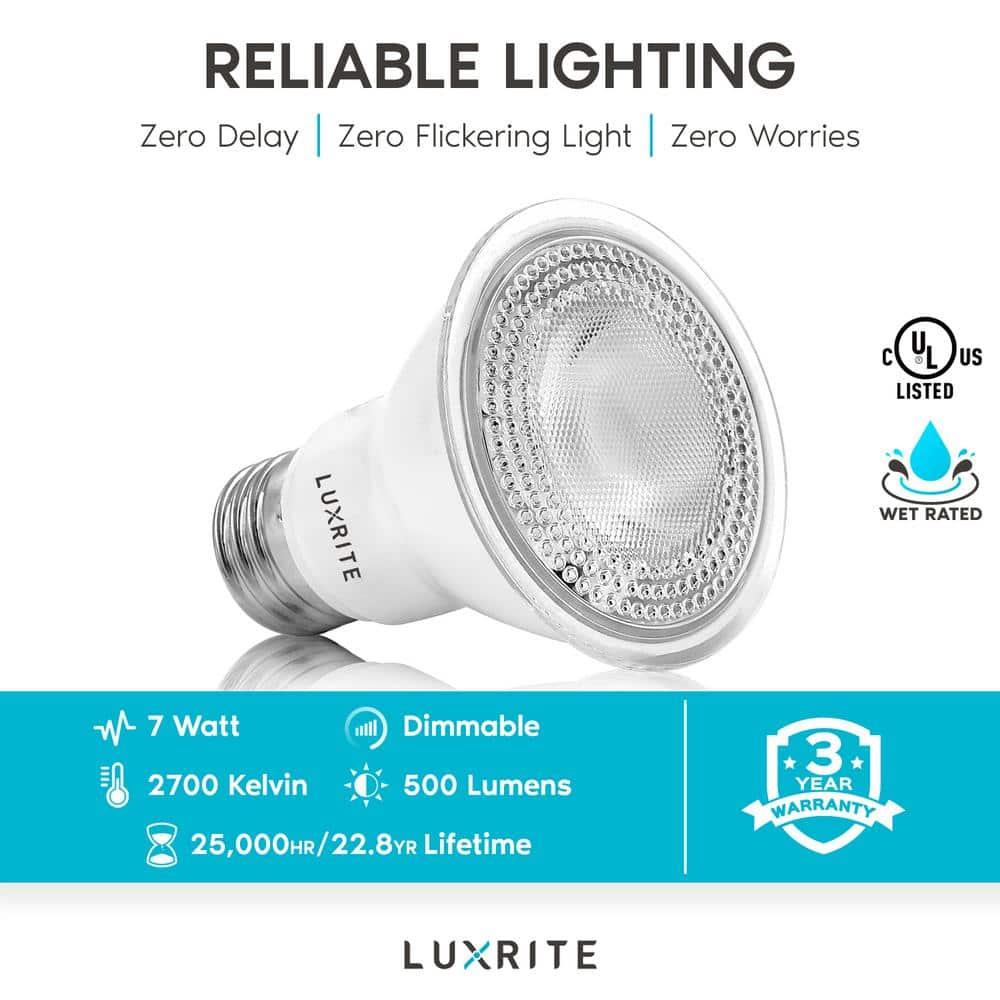 Luxrite 6-Pack PAR20 LED Bulbs 7W=50W 2700K Warm White Dimmable Indoor Outdoor 500 Lumens Wet Rated E26 UL Listed