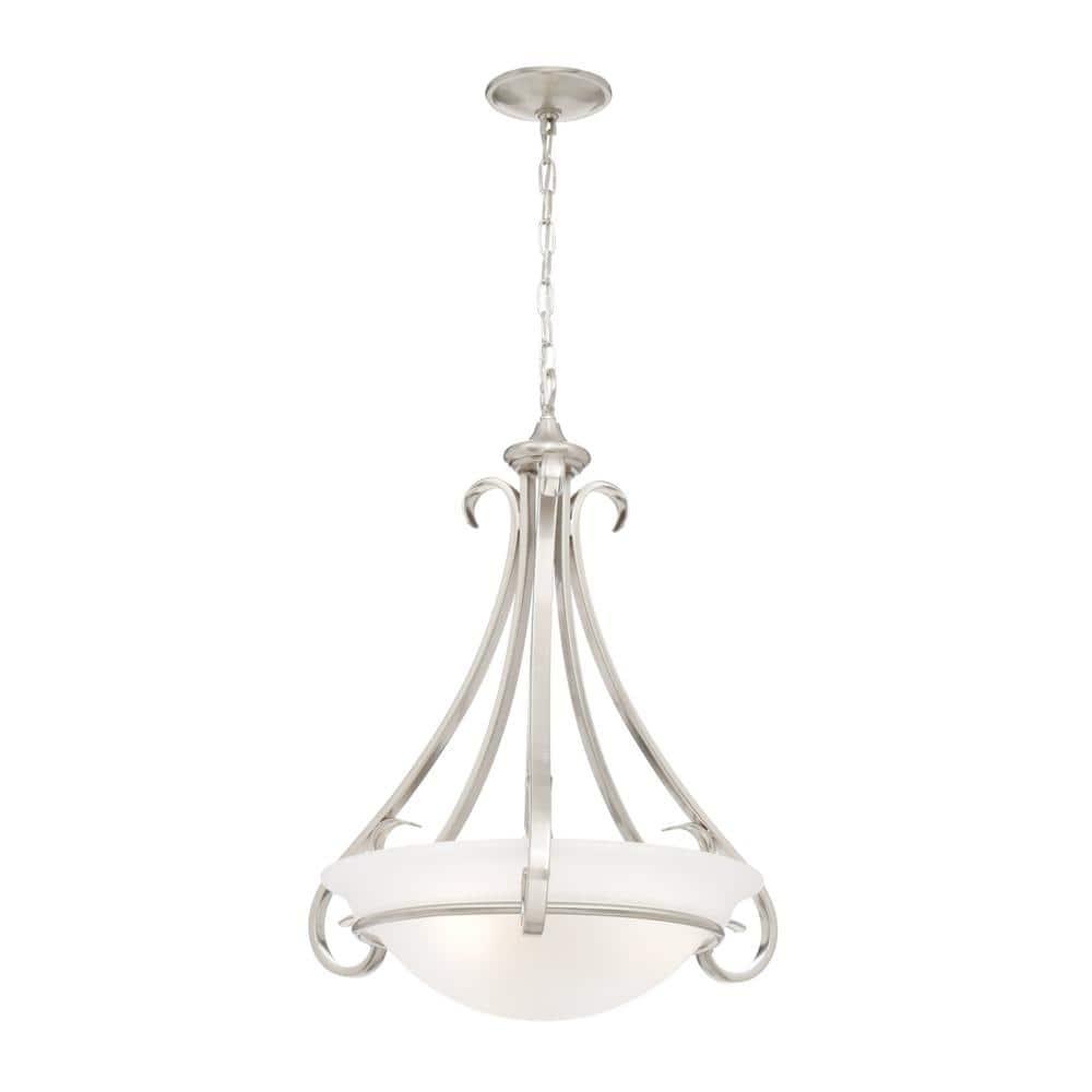 Progress Lighting Torino 3-Light Inverted Pendant, Brushed Nickel, Etched White Glass Bowl, Porcelain Material