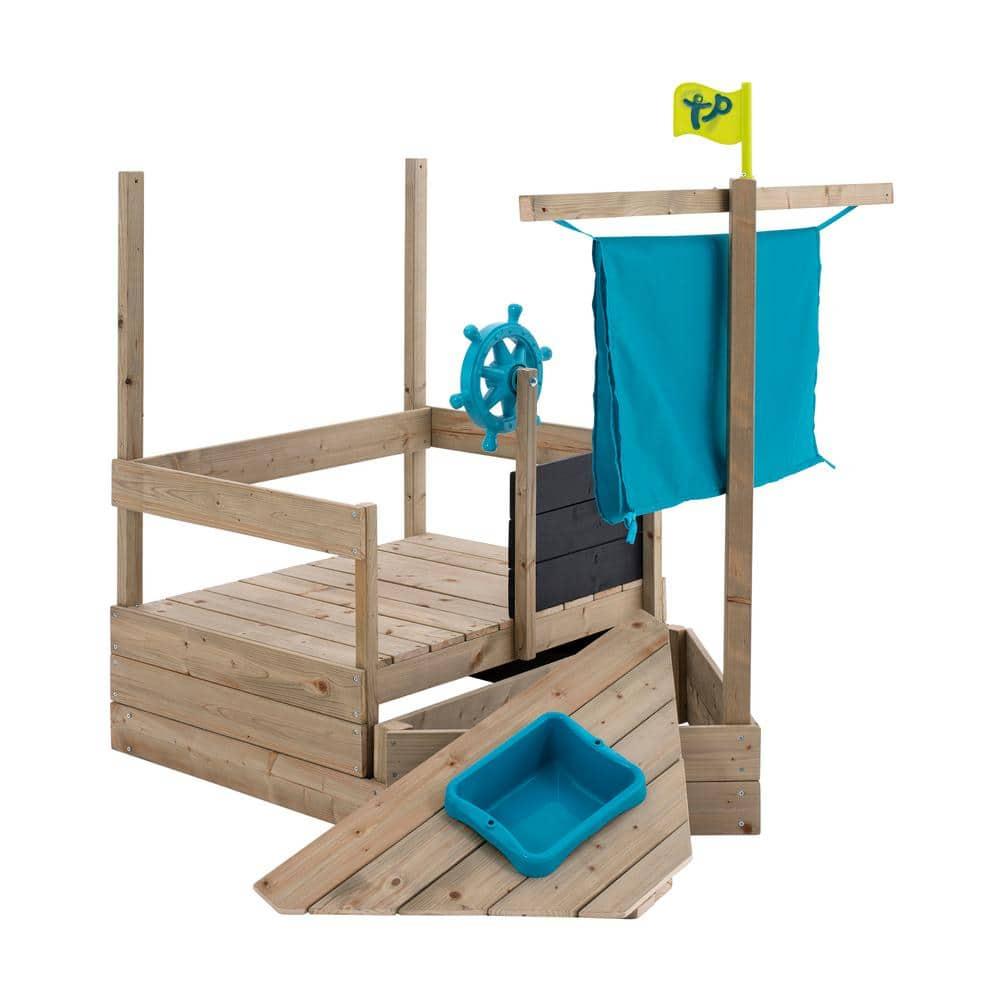 TP Ahoy Wooden Sandbox Pirate Ship Play Boat with Canopy – Kids Outdoor Sand & Water Toy with Captain’s Wheel, Blackboard, Splash Bowl & Storage | FSC Certified | Compact & Space-Saving Design