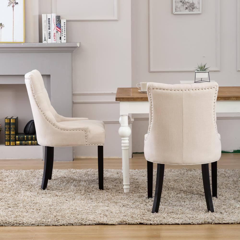 Upholstered Wingback Button Tufted Dining Chair, Beige