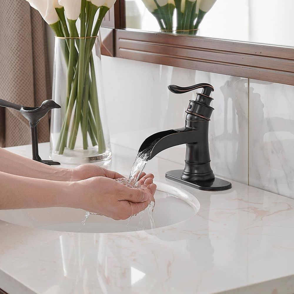 BWE Waterfall Single Hole Single-Handle Low-Arc Bathroom Faucet With Pop-up Drain Assembly