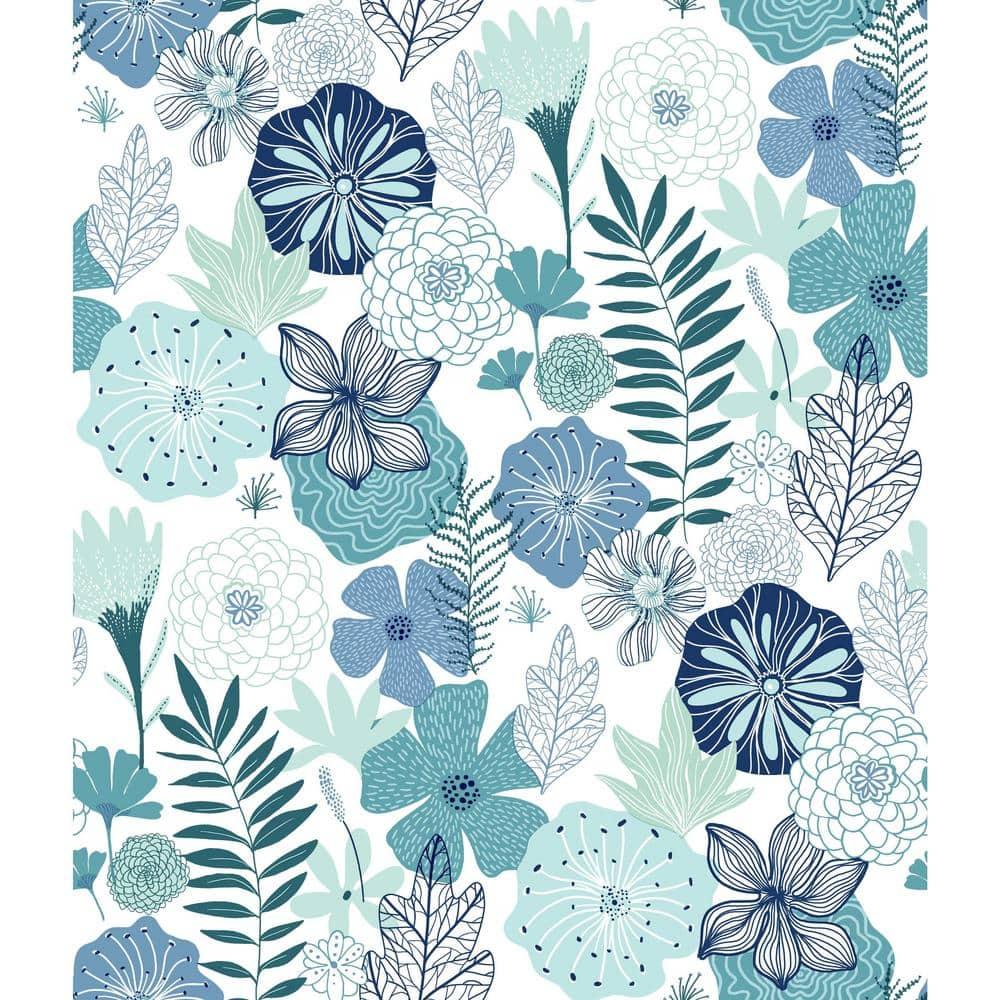 RoomMates Blooms Peel and Stick Wallpaper: Self-Adhesive Vinyl, Modern Floral, Repositionable, 28 Sq Ft Coverage, Blue